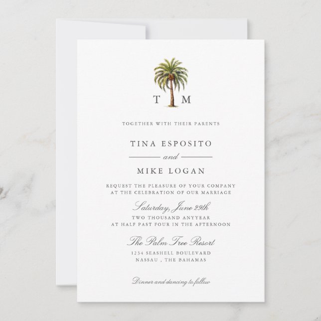 Elegant Watercolor tropical palm tree Monogram Invitation (Front)