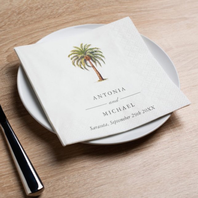 Elegant Watercolor tropical palm tree Monogram Napkin (Elegant tropical Exotic palm tree in watercolor style wedding napkins. For bridal shower, engagement)