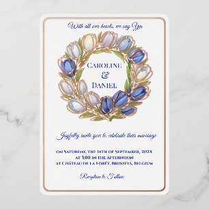 Elegant Watercolor Tulip Wreath Wedding Blue Ivory