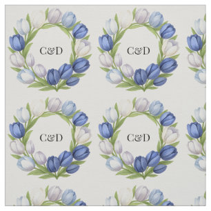 Elegant Watercolor Tulip Wreath Wedding Blue Ivory Fabric