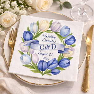 Elegant Watercolor Tulip Wreath Wedding Blue Ivory Napkin