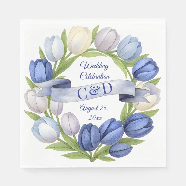 Elegant Watercolor Tulip Wreath Wedding Blue Ivory Napkin (Front)