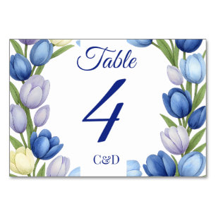 Elegant Watercolor Tulip Wreath Wedding Blue Ivory Table Number
