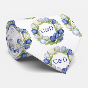 Elegant Watercolor Tulip Wreath Wedding Blue Ivory Tie