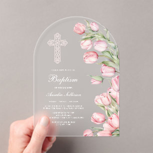 Elegant Watercolor Tulips Arch Baptism Acrylic Invitations