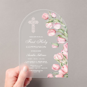 Elegant Watercolor Tulips Arch First Communion Acrylic Invitations