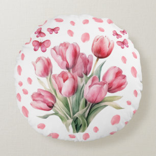 Elegant watercolor tulips Bouquet petals Round Pillow