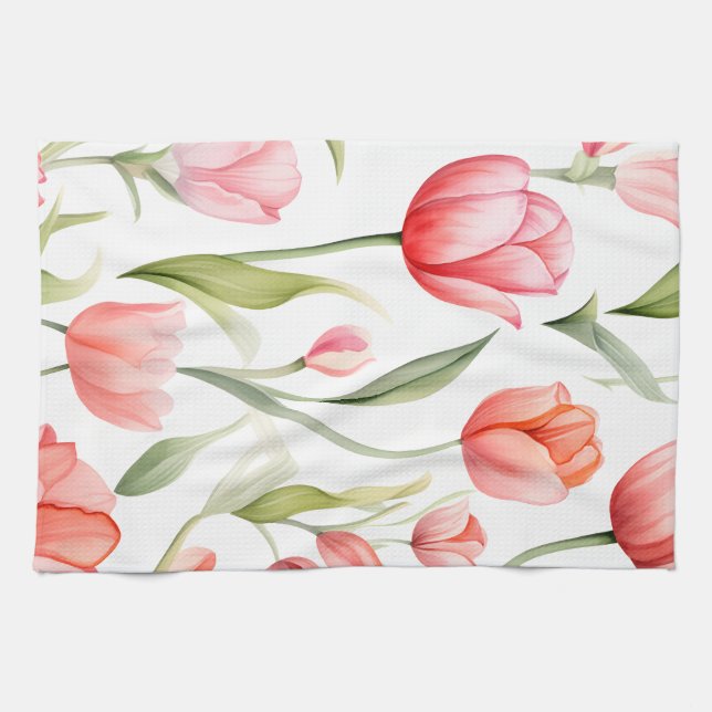 Elegant Watercolor Tulips Kitchen Towel (Horizontal)