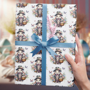 Elegant Watercolor Victorian Easter Bunny Flowers Wrapping Paper