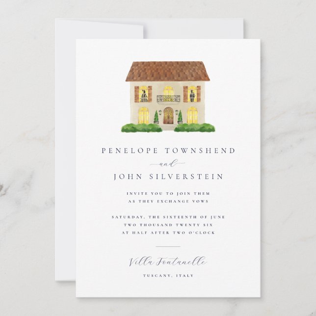 Elegant Watercolor Villa Illustration Wedding Invitation (Front)