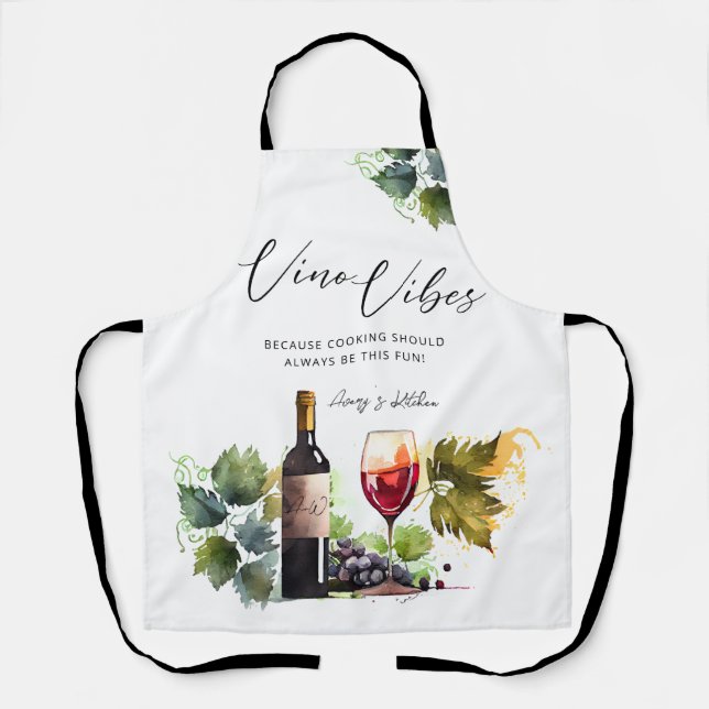 Elegant Watercolor Vino Vibes Initials Vineyard Apron (Front)