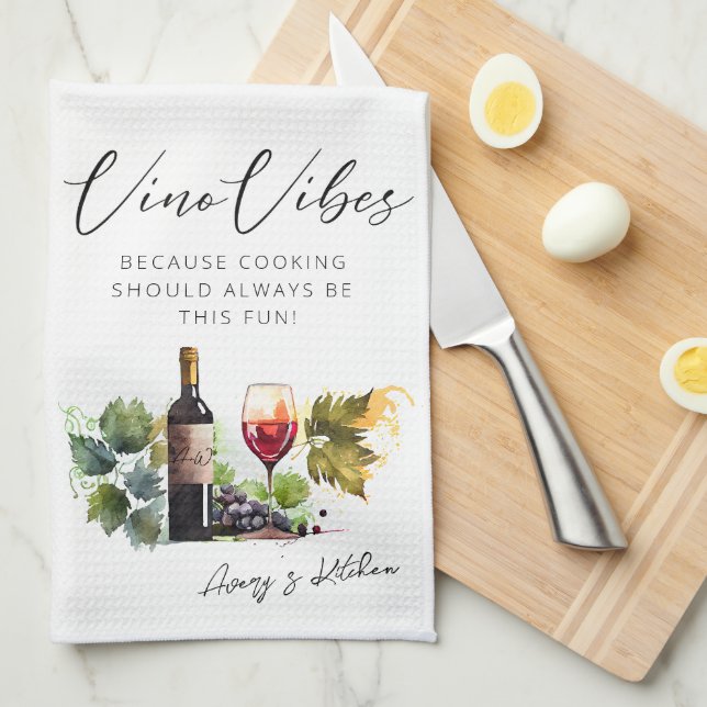 Elegant Watercolor Vino Vibes Vineyard Quote Kitchen Towel (Quarter Fold)