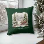Elegant Watercolor Vintage Christmas Script  Throw Pillow<br><div class="desc">For your holiday decor. Vintage watercolor festive snow forest. Underneath the main design is where the words 'All is calm,  all is bright' can be kept as-is or edited. The text is in a traditional calligraphy script style.</div>
