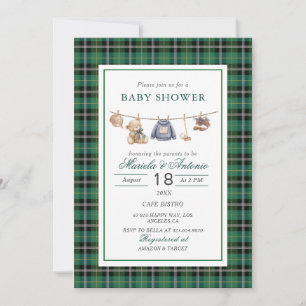Elegant  Watercolor Vintage plaid teddy bear Baby  Invitation