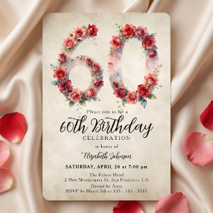 Elegant Watercolor Vintage Red Rose 60th Birthday Invitation