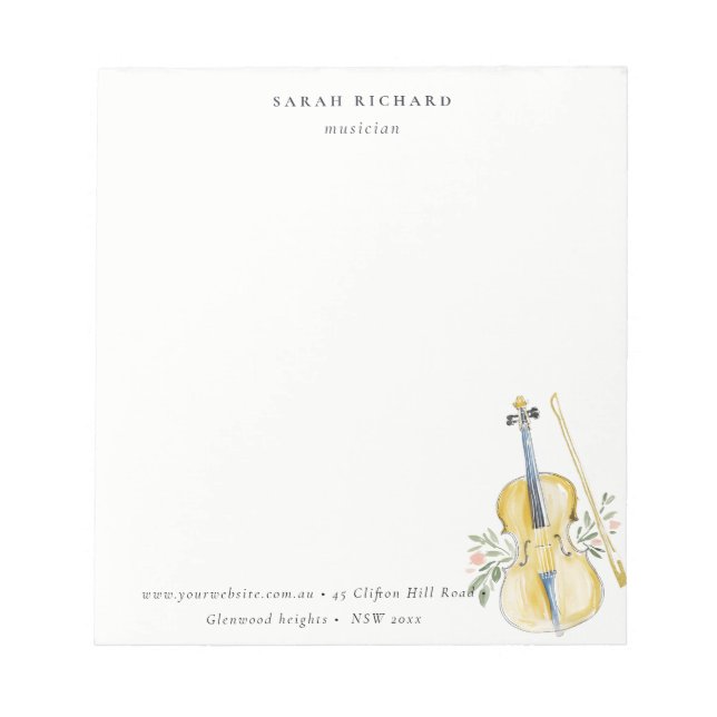 Elegant Watercolor Violin Musician Music Teacher Notepad (Front)