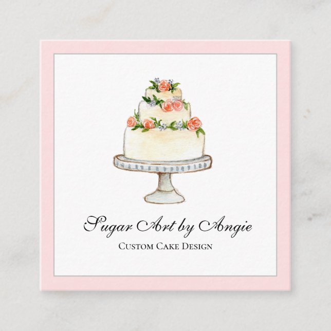 Elegant Watercolor Wedding cake bakery Square Business Card (Front)