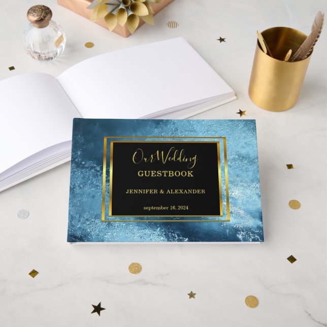 Elegant watercolor wedding gold Foil Guestbook (Front Open)