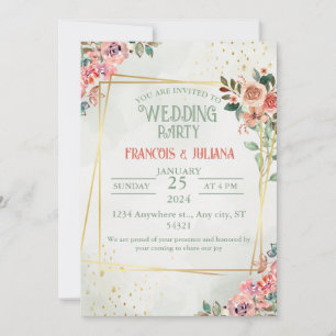 Elegant Watercolor Wedding: Green,Gold,Pink  Invitation