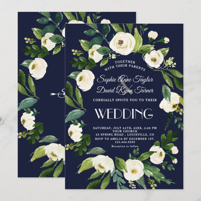 Elegant Watercolor White Floral Dark Blue Wedding Invitation (Front/Back)