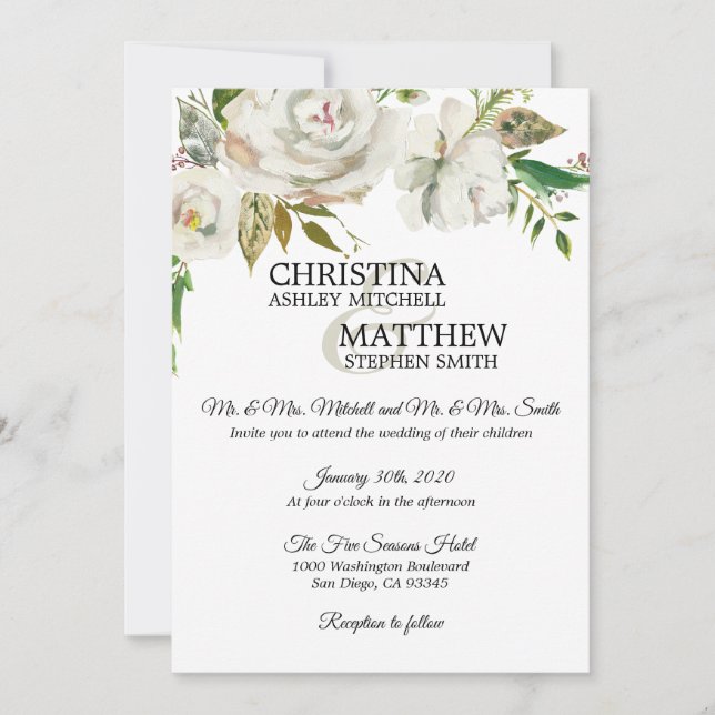 Elegant Watercolor White Floral Greenery WEDDING Invitation (Front)
