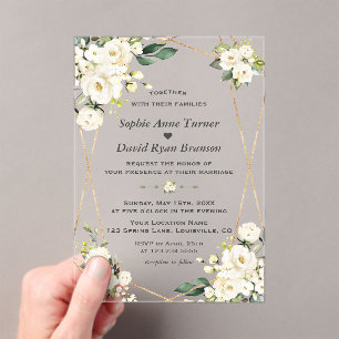 Elegant Watercolor White Flowers Gold Wedding Acrylic Invitations