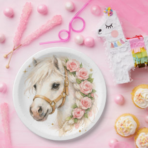 Elegant Watercolor White Horse Balloon with Rose‑B Paper Plate