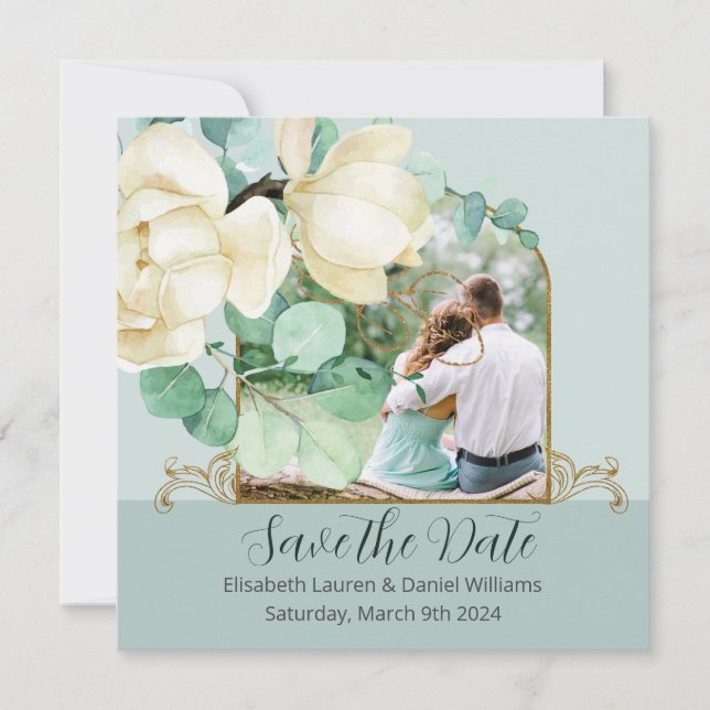 Elegant Watercolor White Magnolia Save the Date (Front)