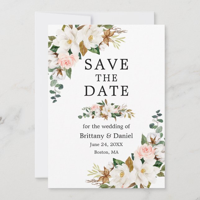 Elegant Watercolor White Magnolias Pink Roses Save The Date (Front)