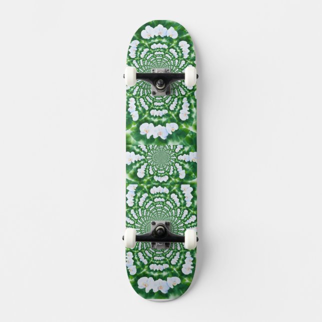 Elegant watercolor White Orchid Mandala Skateboard (Front)