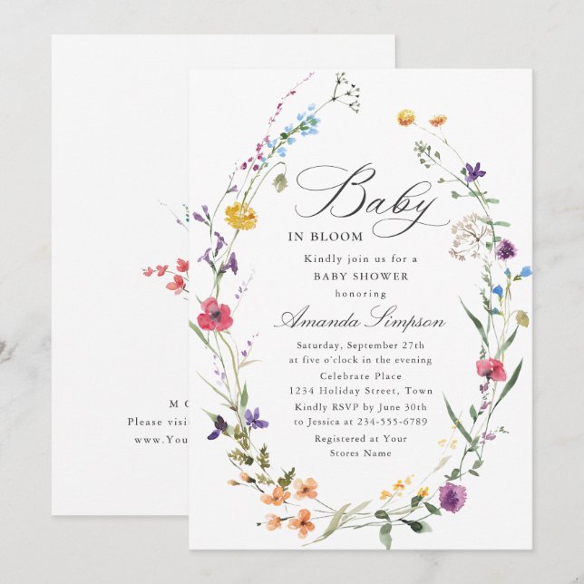 Elegant Watercolor Wild Flowers Baby Shower Invitation (Front/Back)
