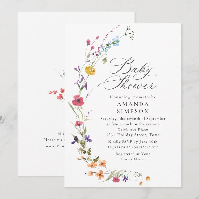 Elegant Watercolor Wild Flowers Baby Shower Invitation (Front/Back)