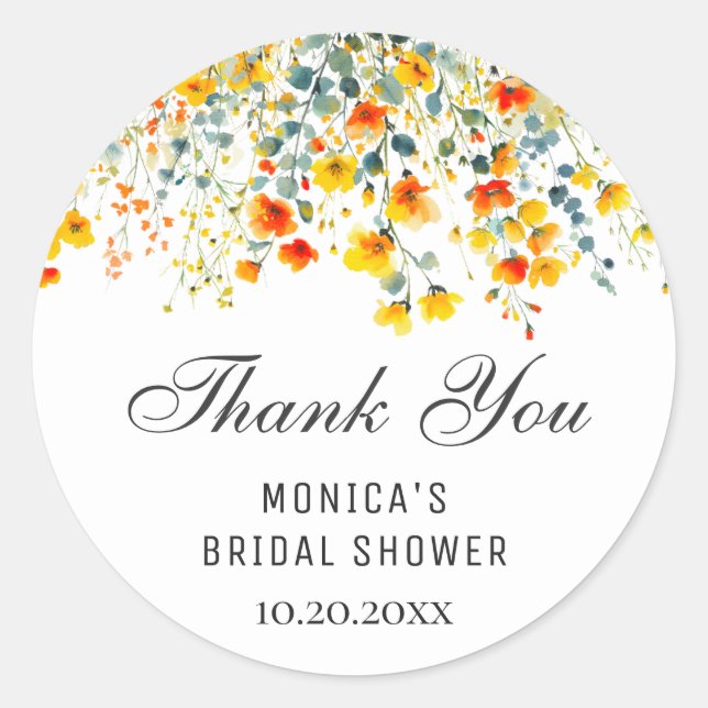 Elegant Watercolor Wild Flowers Bridal Shower Classic Round Sticker (Front)