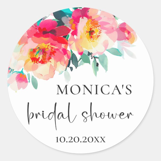 Elegant Watercolor Wild Flowers Bridal Shower Classic Round Sticker (Front)