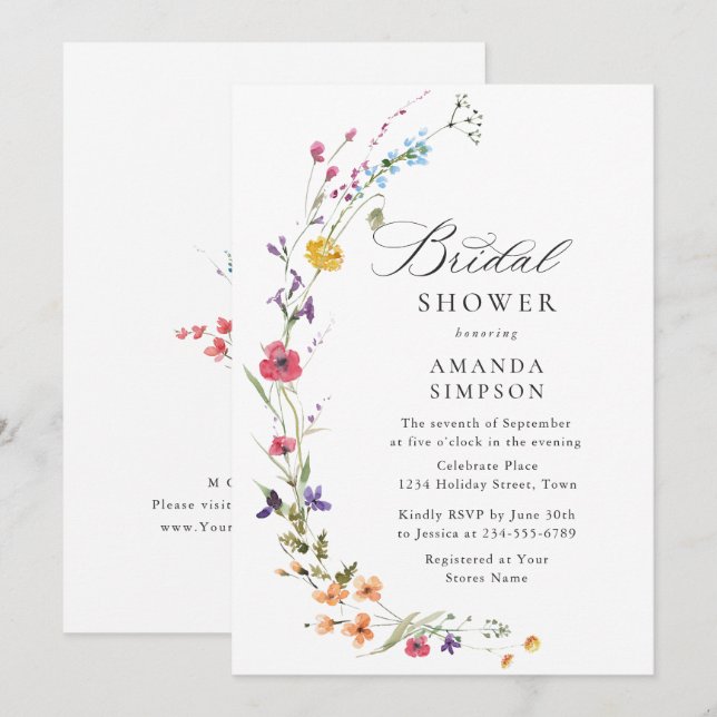Elegant Watercolor Wild Flowers Bridal Shower Invitation (Front/Back)