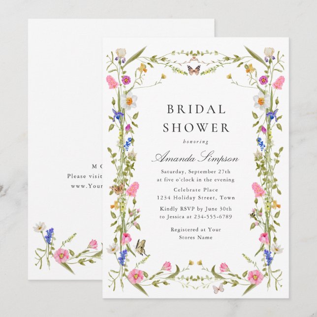Elegant Watercolor Wild Flowers Bridal Shower Invitation (Front/Back)