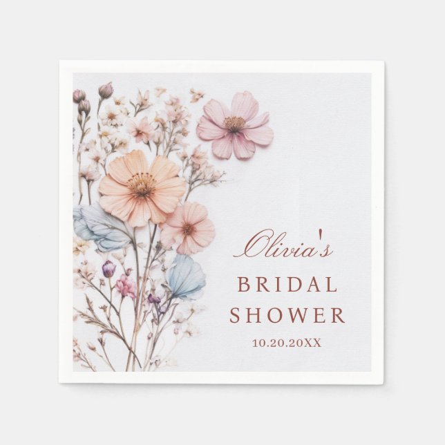 Elegant Watercolor Wild Flowers Bridal Shower Napkin (Front)