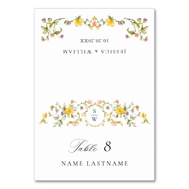 Elegant Watercolor Wild Flowers Floral Wedding Table Number (Front)