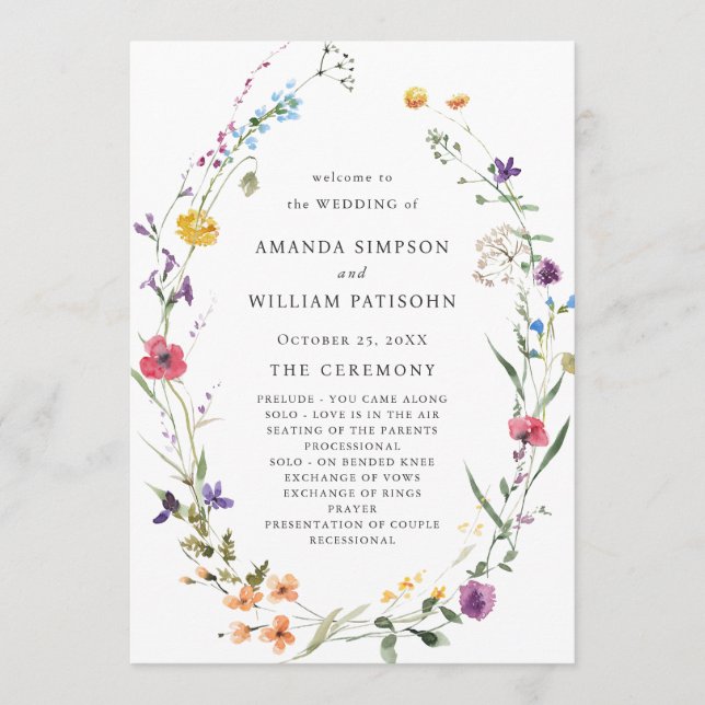 Elegant Watercolor Wild Flowers Wedding Ceremony Program (Front)