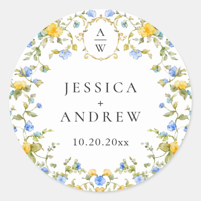 Elegant Watercolor Wild Flowers Wedding Classic Round Sticker (Front)
