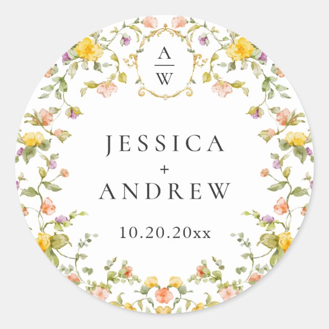 Elegant Watercolor Wild Flowers Wedding Classic Round Sticker (Front)
