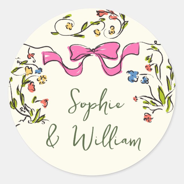 Elegant Watercolor Wild Flowers Wedding Classic Round Sticker (Front)