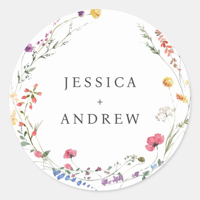 Elegant Watercolor Wild Flowers Wedding Classic Round Sticker (Front)