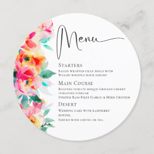 Elegant Watercolor Wild Flowers Wedding Dinner Menu