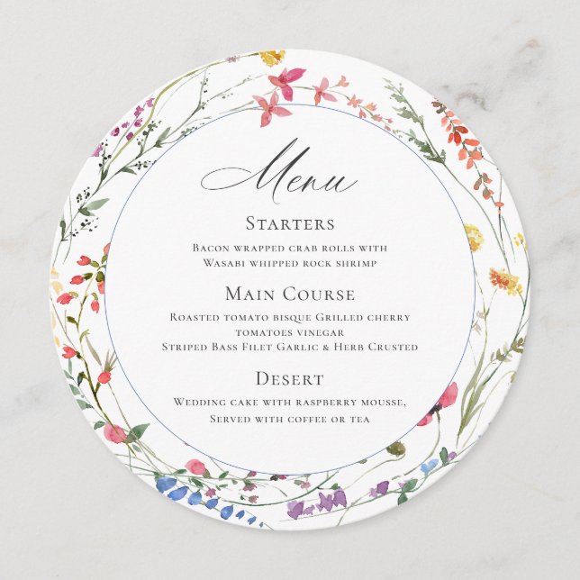 Elegant Watercolor Wild Flowers Wedding Dinner Menu (Front)
