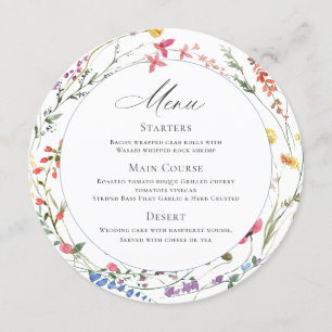 Elegant Watercolor Wild Flowers Wedding Dinner Menu