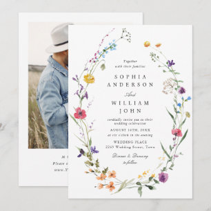 Elegant Watercolor Wild Flowers Wedding Photo Invitation
