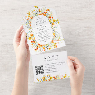 Elegant Watercolor Wild Flowers Wedding QR code All In One Invitation
