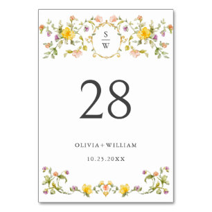 Elegant Watercolor Wild Flowers Wedding Table Number