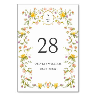 Elegant Watercolor Wild Flowers Wedding Table Number